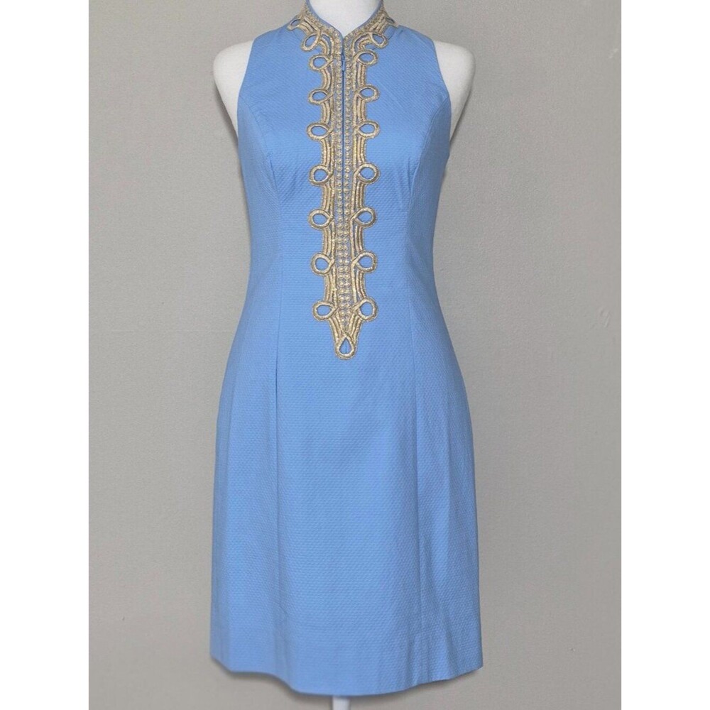 Lilly Pulitzer Blue Textured Sleeveless Dress with Gold Embroidery Size 00